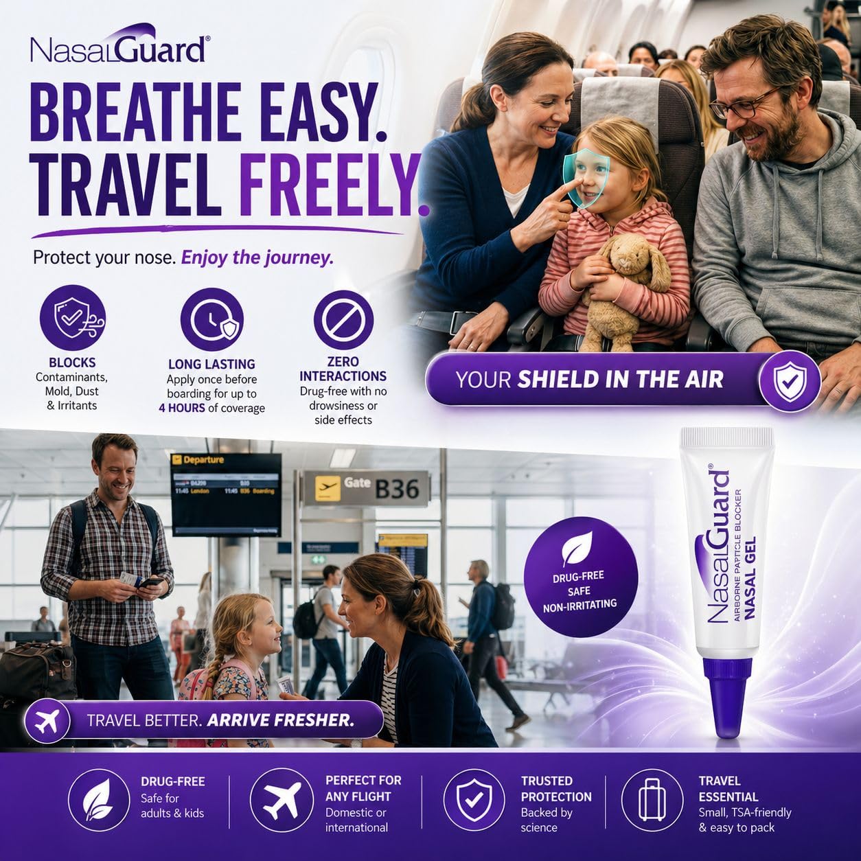 for Air Travelers | Cabin Air Protection Gel | Helps Block Dust, Mold & Airborne Contaminants | Drug-Free, Applied Around Nose | TSA Friendly | 150+ Uses (Unscented, 10g, Pack of 6)