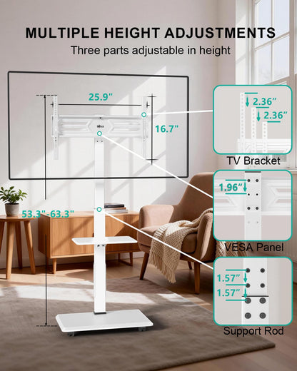 WALI Rolling TV Stand with Power Outlet & AV Shelf, Mobile Tall TV Stand Mount on Wheels for 34-75 inch TV up to 110 lbs, Swivel Height Adjustable TV Cart with Wood Base for Bedroom(TVDVD-6PRW), White