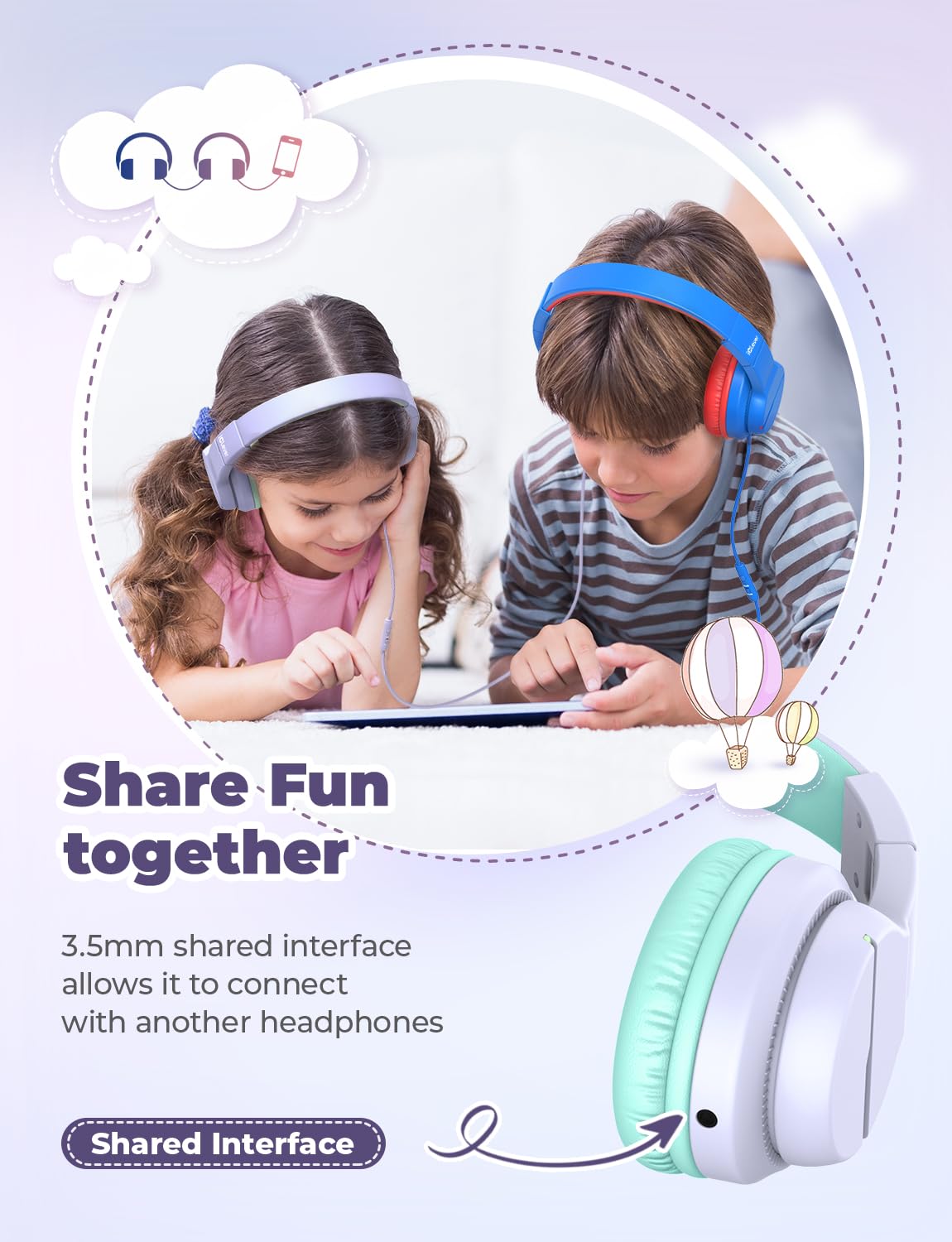 iClever Kinderkopfhörer für Schule und Reisen, sichere Lautstärkebegrenzung, HD-Mikrofon, Stereo-Sound Over-Ear-Kopfhörer für Mädchen und Jungen, FunShare Faltbar, 3,5 mm kabelgebunden für iPad Computer, HS19