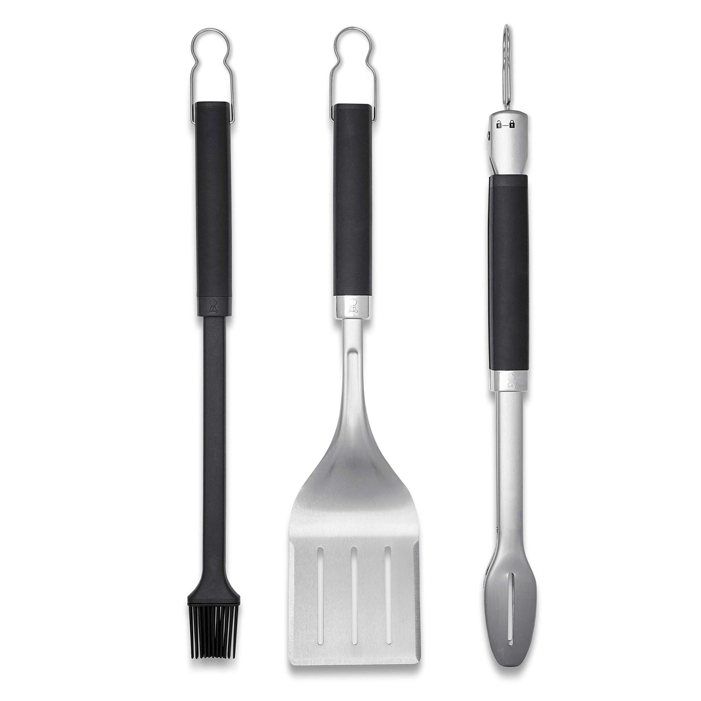 Weber Precision 3‑Piece Grilling Tool Set – Stainless Steel Tongs, Spatula & Silicone Basting Brush with Non‑Slip Handles and Hands‑Free Locking - Grill Accessory Kit