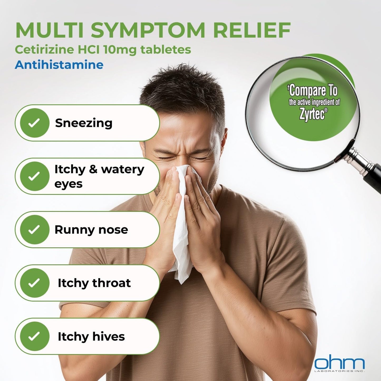 Ohm 24-Hour Antihistamine Cetirizine HCl 10 mg Tablets, 300 Count – All-Day Allergy Relief for Itchy Eyes, Runny Nose, Hay Fever, Pollen, and Indoor & Outdoor Allergies