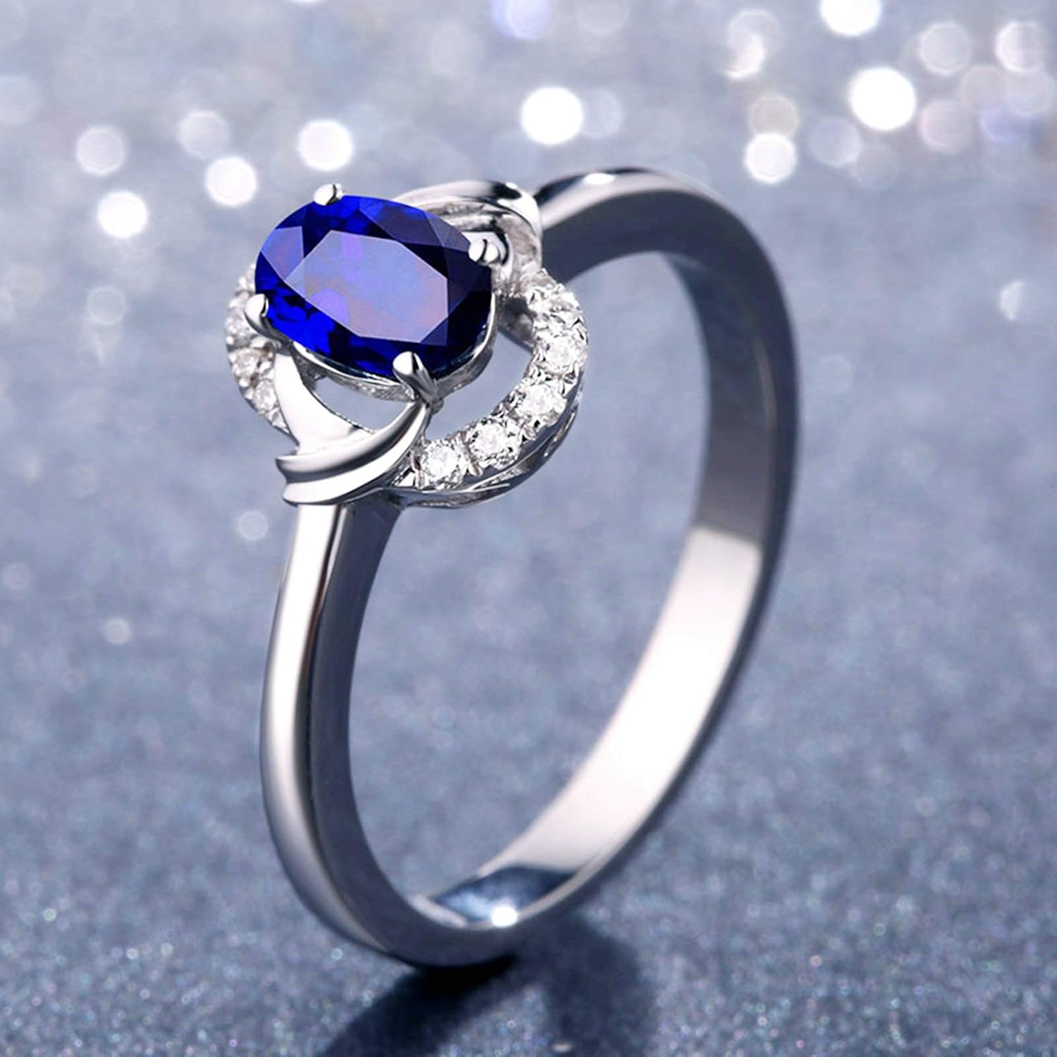 Aienid 18Ct White Gold Promise Ring for Friends Oval Cut Blue Sapphire with White Diamond Wedding Rings for Women