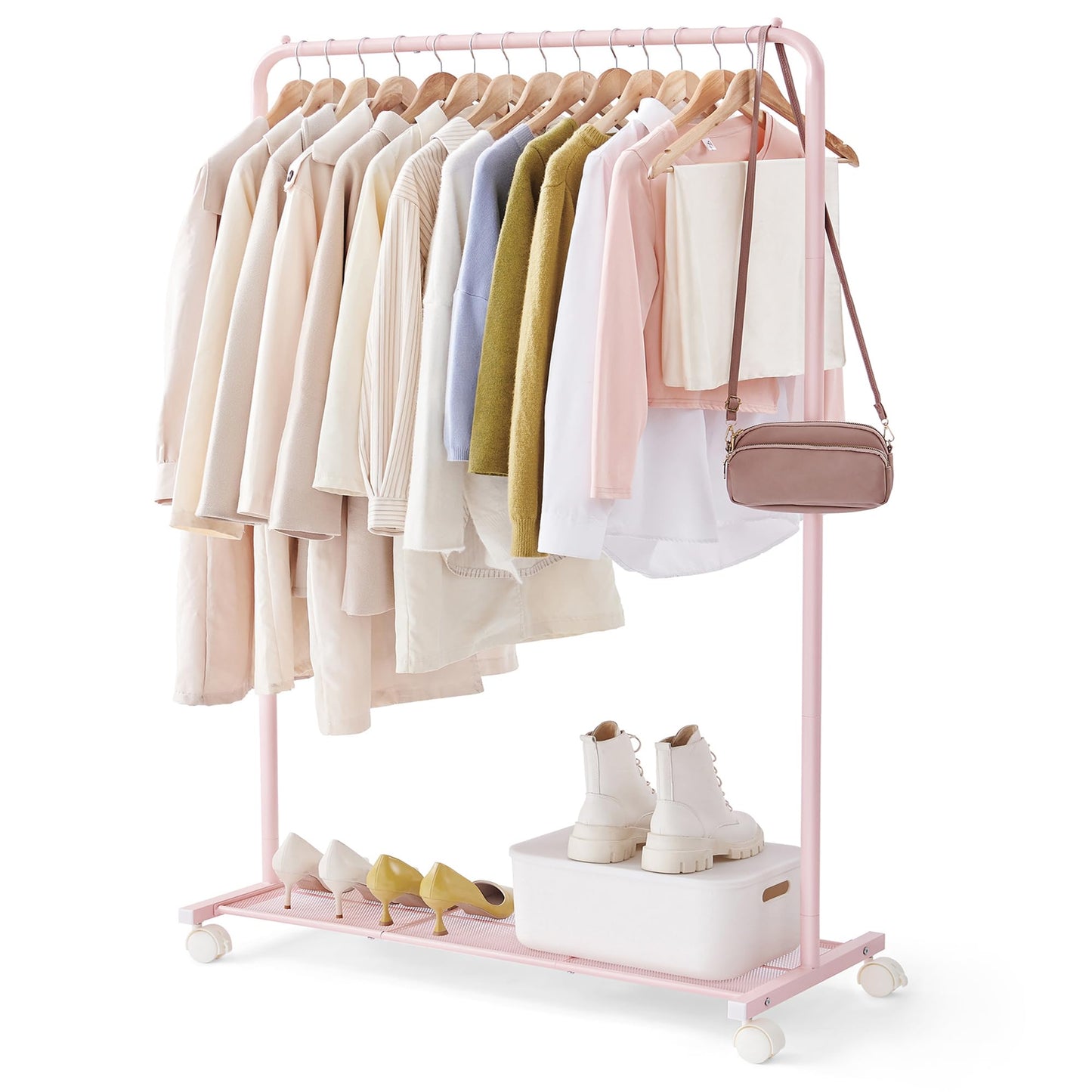 SONGMICS Clothes Rack with Wheels, Clothing Rack for Hanging Clothes, 25.4 mm Metal Garment Rack with Dense Mesh Storage Shelf, 110 lb Load Capacity, 2 Brakes, Black UHSR25BK