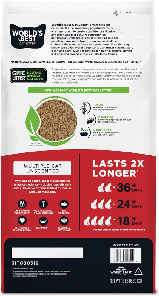 WORLD'S BEST CAT LITTER Multiple Cat Unscented, 15-Pounds