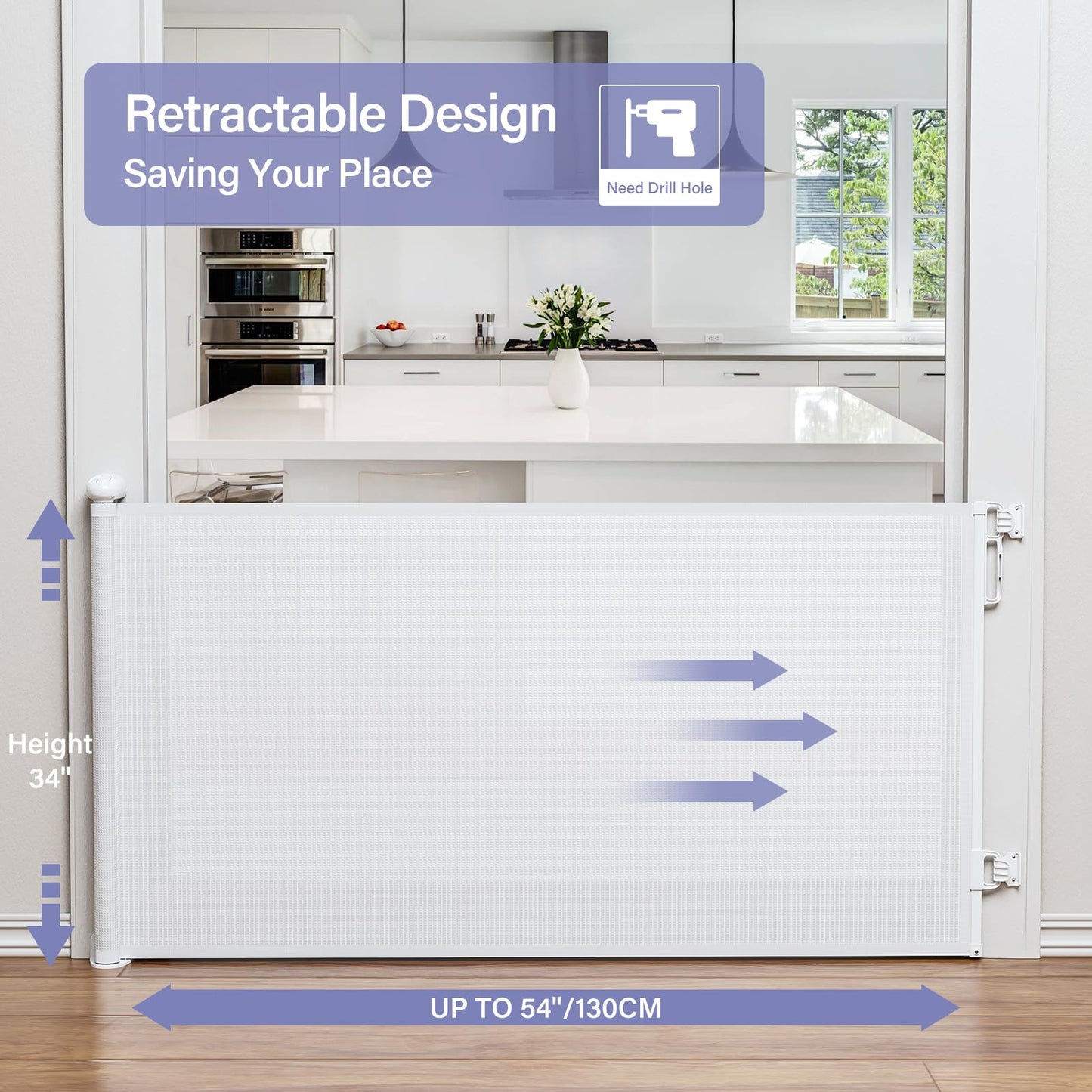 Retractable Baby Gates No Drilling, PRObebi Retractable Dog Gate for the House Extends to 54" Wide 33" Tall, Gates for Baby Indoor, Stair Gate for Outdoor, Staris, Hallways, Doorways, Deck, Porch
