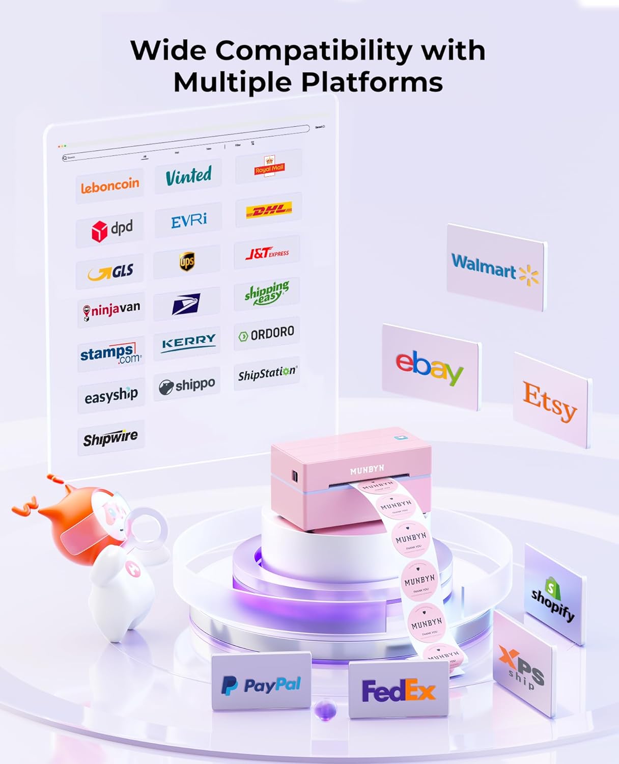 MUNBYN Bluetooth Thermodrucker für Versandetiketten, 130B Kabelloser 4x6 Etikettendrucker für kleine Unternehmen und Büros, kompatibel mit iPhone, Android, iPad, Windows, macOS, Canada Post, UPS, Purolator (Weiß)