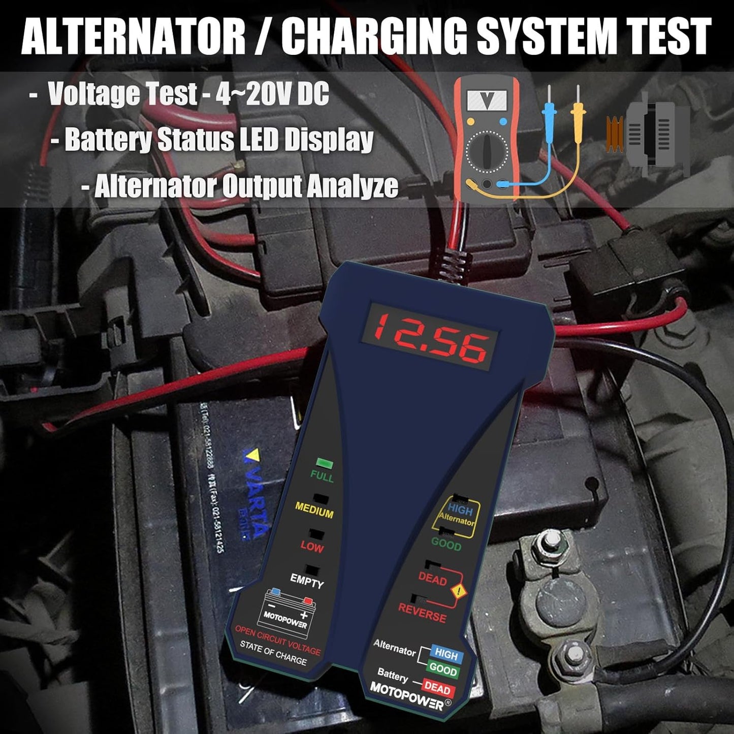 MOTOPOWER MP0514A 12V Digitaler Autobatterietester Voltmeter und Ladesystemanalysator mit LCD-Anzeige und LED-Indikation – Schwarze Gummifarbe