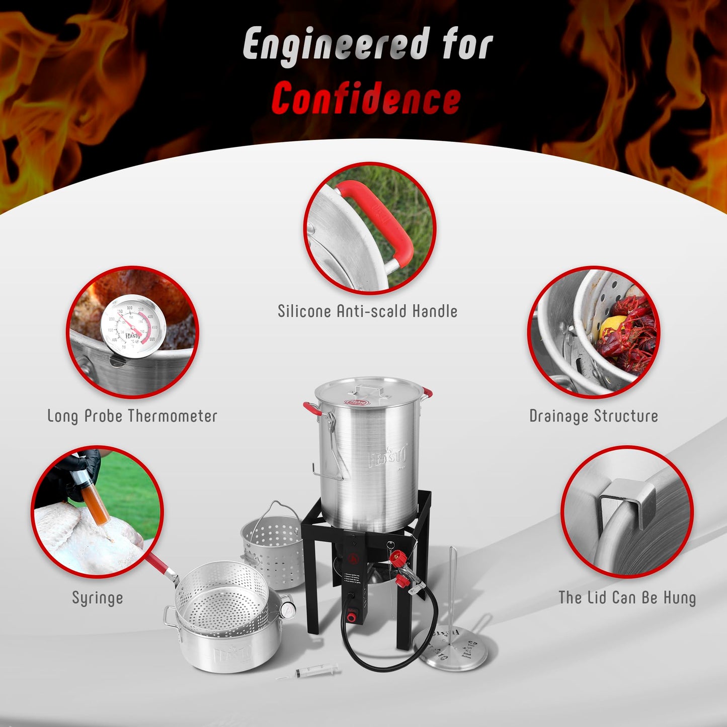 Feasto 10 Qt Outdoor Propane Gas Fish Fryer Pot Kit with Strainer Basket | Aluminum, 50,000 BTU Burner, Adjustable 0-5 PSI Regulator, Perfect for Boiling and Frying