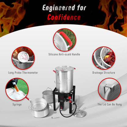 Feasto 10 Qt Outdoor Propane Gas Fish Fryer Pot Kit with Strainer Basket | Aluminum, 50,000 BTU Burner, Adjustable 0-5 PSI Regulator, Perfect for Boiling and Frying