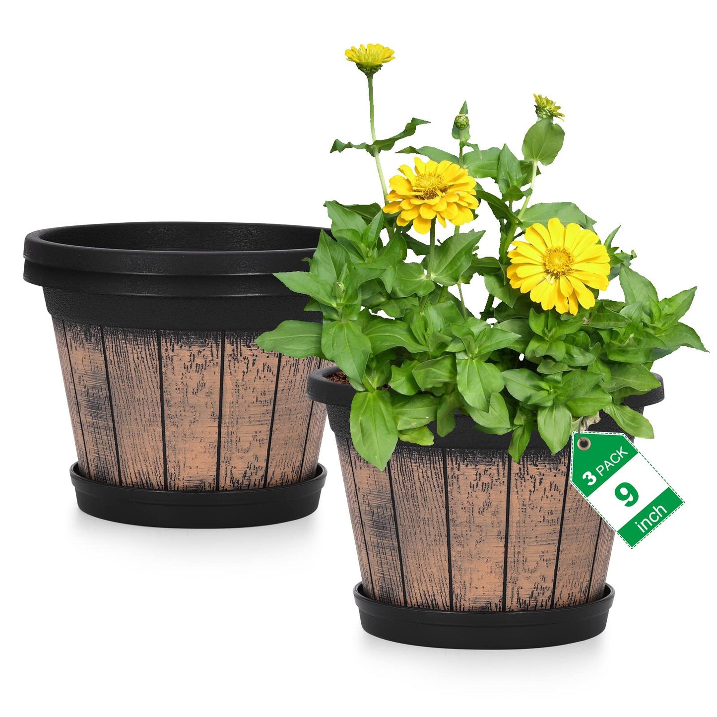Quarut Plant Pots Set of 4 Pack 12 inch,Large Whiskey Barrel Planters with Drainage Holes & Saucer.Plastic Flower Pots Imitation Wine Barrel Design, for Indoor & Outdoor Garden Home Plants (Brown)