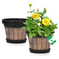 Quarut Plant Pots Set of 4 Pack 12 inch,Large Whiskey Barrel Planters with Drainage Holes & Saucer.Plastic Flower Pots Imitation Wine Barrel Design, for Indoor & Outdoor Garden Home Plants (Brown)
