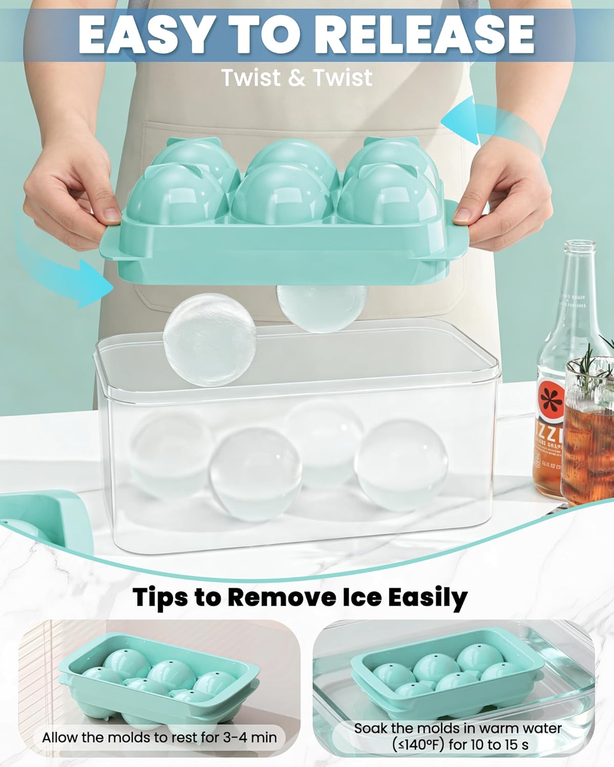 Large Ice Cube Tray for Freezer - 2 Pack Stackable Round Ice Cube Molds Set