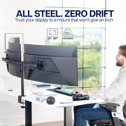 VIVO Dual-Monitor Tischhalterung, für 2 Bildschirme bis zu 30 Zoll und je 10 kg, Hochleistungs-Stahlständer voll verstellbar mit Klemme und Tülle, Schwarz, STAND-V002