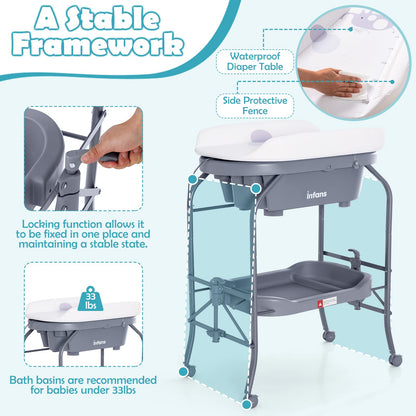 INFANS 2 in 1 Baby Changing Table with Bath Tub Unit, Folding Diaper Dresser Station with Wheels Waterproof Pad Storage Rack, Portable Nursery Organizer Stand for Newborn Infant