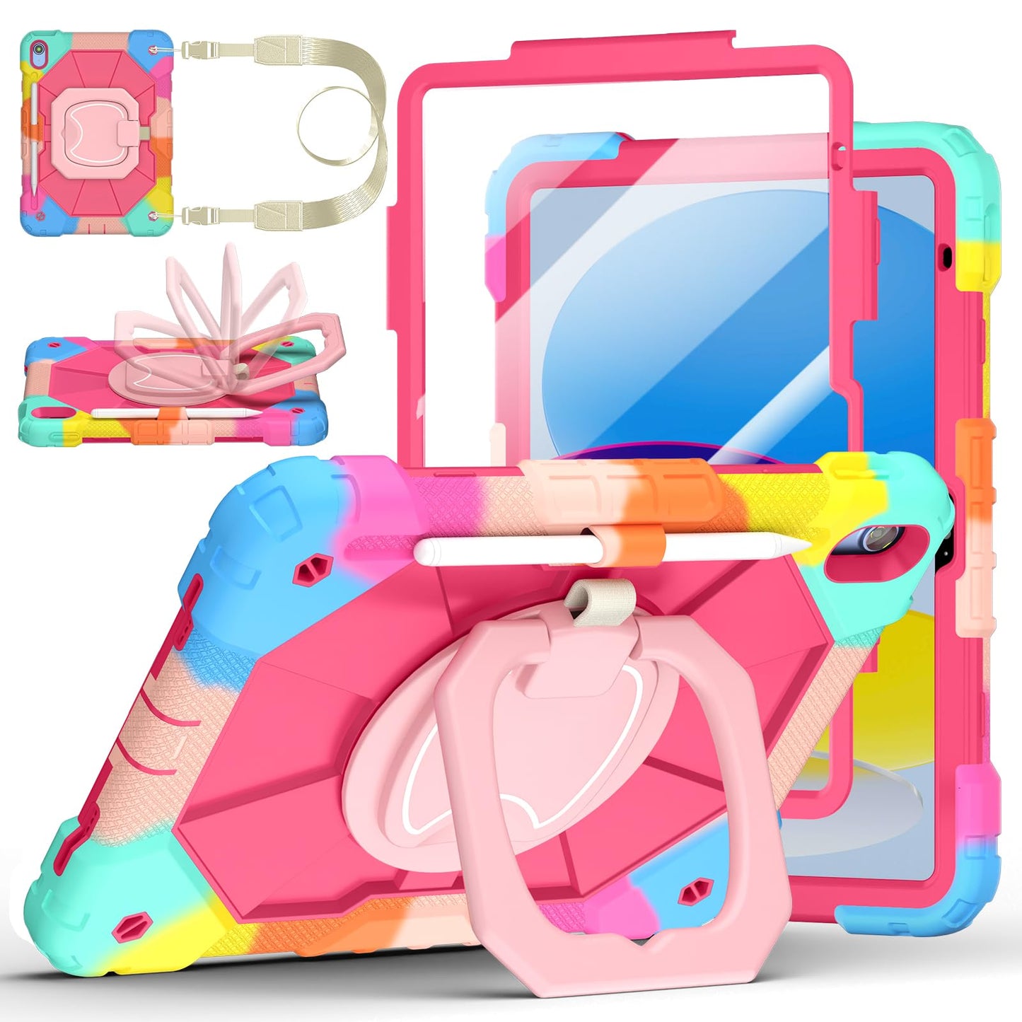 Case for iPad A16 11th Generation 11 Inch 2025, Auorld for iPad 10th Generation 10.9 inch 2022 case with Screen Protector, 360 Degree Rotating Stand Shoulder Strap Pencil Holder, Navy Pink
