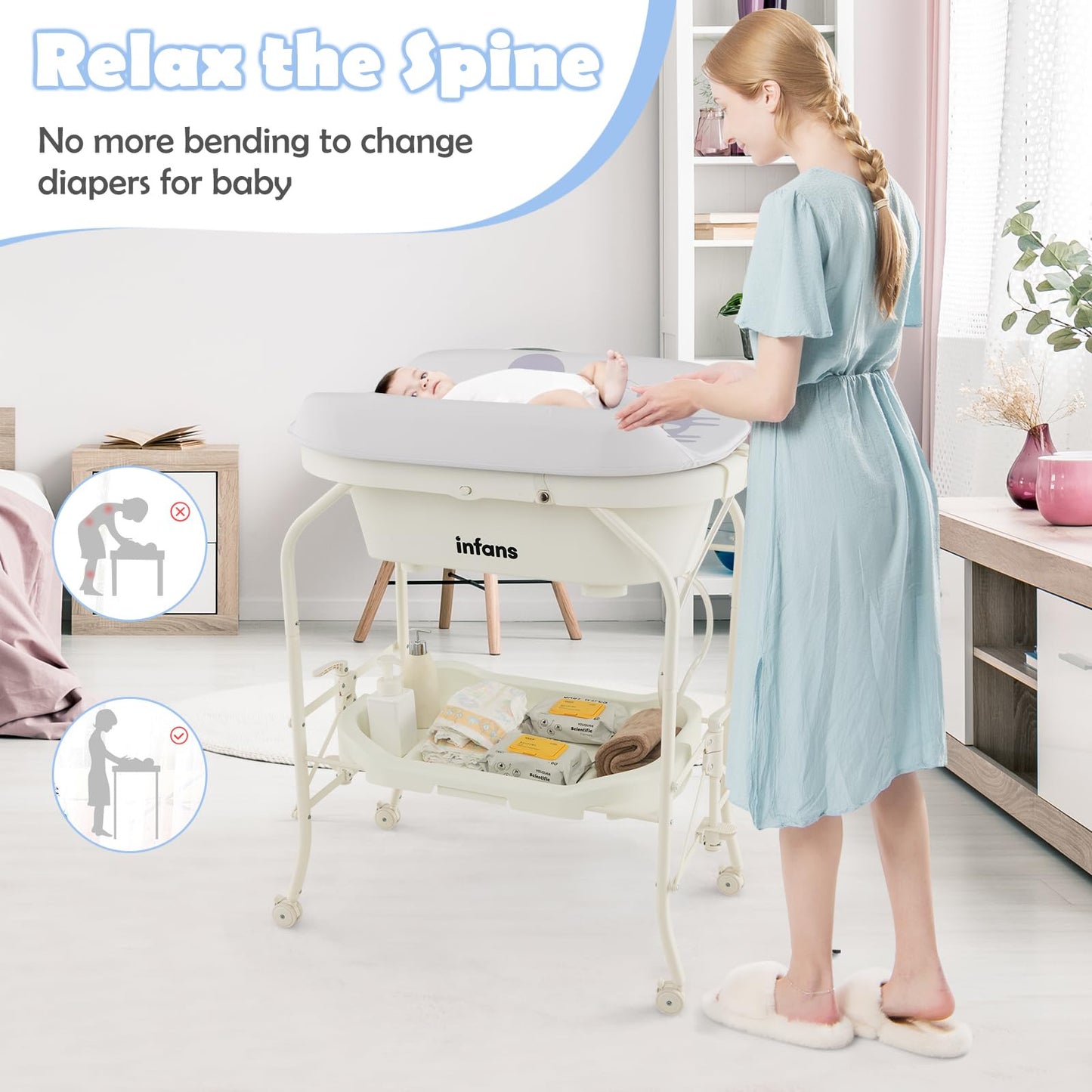 INFANS 2 in 1 Baby Changing Table with Bath Tub Unit, Folding Diaper Dresser Station with Wheels Waterproof Pad Storage Rack, Portable Nursery Organizer Stand for Newborn Infant