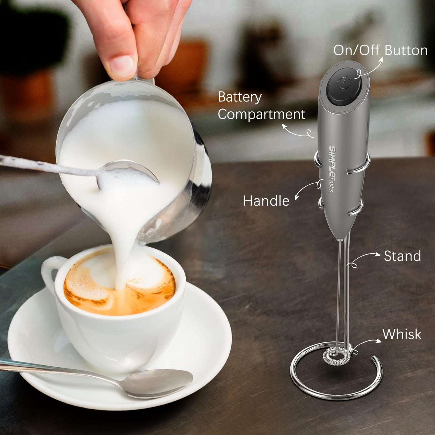 SIMPLETASTE Milchaufschäumer Handheld Elektrischer Quirl, Getränkemixer mit Edelstahl Schneebesen für Cappuccino, Bulletproof Coffee, Latte, mit Ständer, Schwarz, Batteriebetrieben