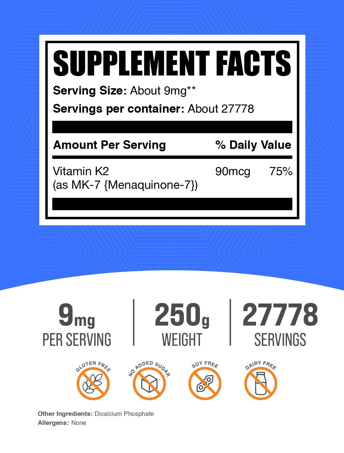 BulkSupplements.com Vitamin K2 Powder - Vitamin K2 MK-7, as Menaquinone Powder - K2 Vitamin Supplement for Wellness, Gluten Free, 9mg per Serving, 500g (1.1 lbs) (Pack of 1)