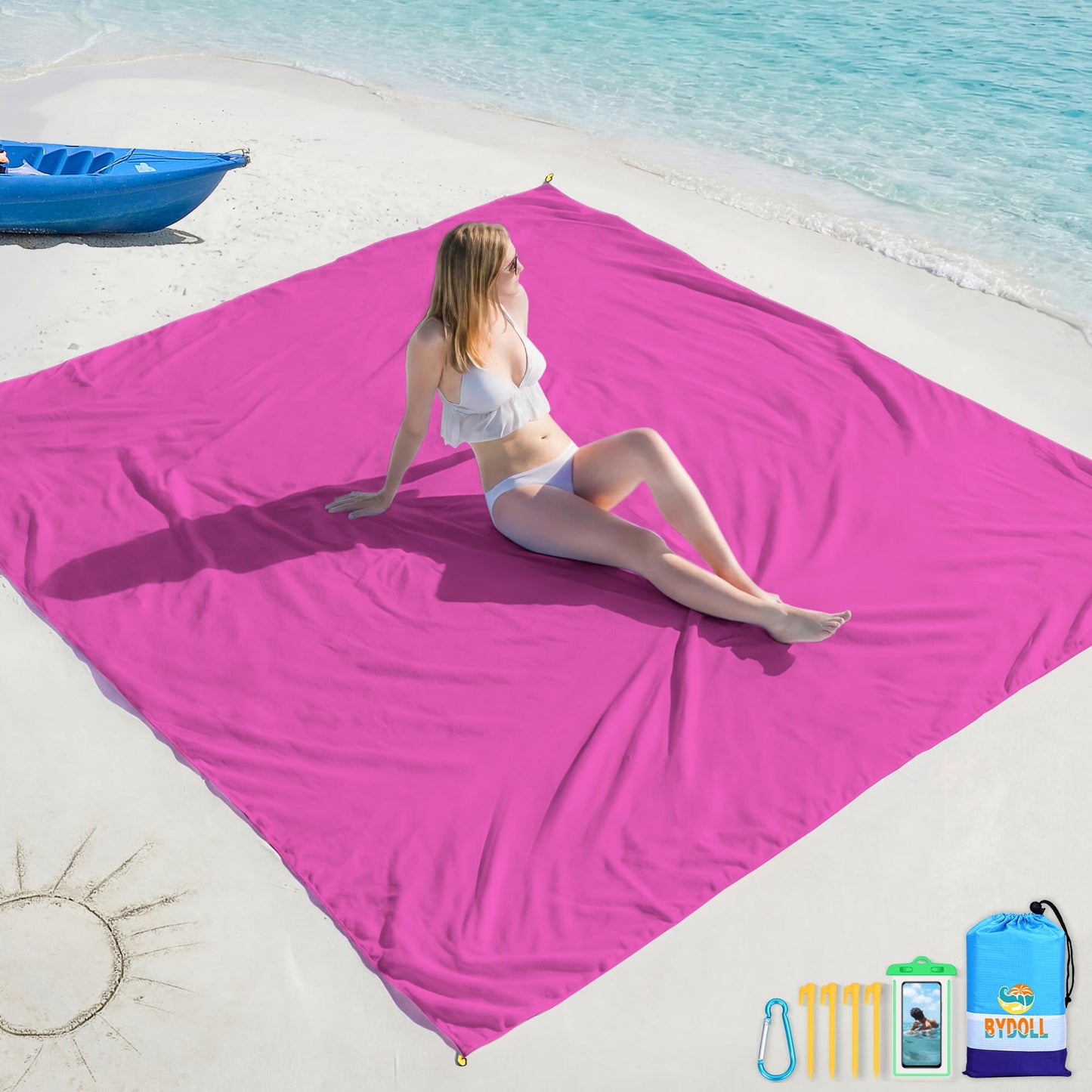 BYDOLL Beach Blanket Waterproof Sandproof Large Sand Free,78''X81''/10'X9' Oversized Sandless Lightweight Blanket Picnic Mat for Beach Travel Camping Hiking with Stakes