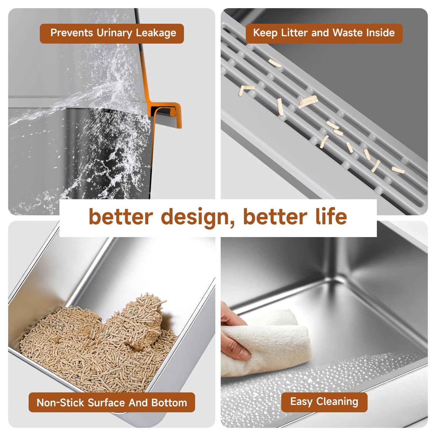 Stainless Steel Cat Litter Box, Odor Free Metal Litter Box with High Sides Lid, Open Top Low Entry Litter Pan Include Scoop Easy Cleaning Anti-Scratch Kitty Cat Box Anti-Urine Leakage, Non-Sticky