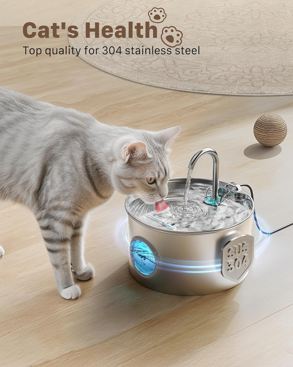 Katzen-Trinkbrunnen aus Edelstahl: Katzenbrunnen - 2,2L/74oz Wasserbrunnen für Katzen - Trinkbrunnen für Katzen - Automatischer Haustierwasserspender - Hundenapf - für Haustiere & Kleintiere