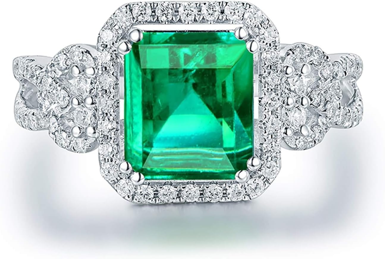 KnSam 18K White Gold Rings, Square Cut Green Emerald 2.26ct VS and 0.47ct Diamond Silver