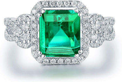KnSam 18K White Gold Rings, Square Cut Green Emerald 2.26ct VS and 0.47ct Diamond Silver