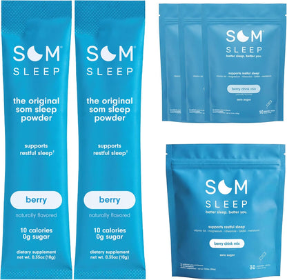 Som Sleep, Calm Sleep Aid Powder Drink Mix for Adults, Melatonin 3mg, Magnesium, Vitamin B6, L-Theanine & GABA – Vegan, Zero Sugar, Keto Friendly – Berry, 60-Pack