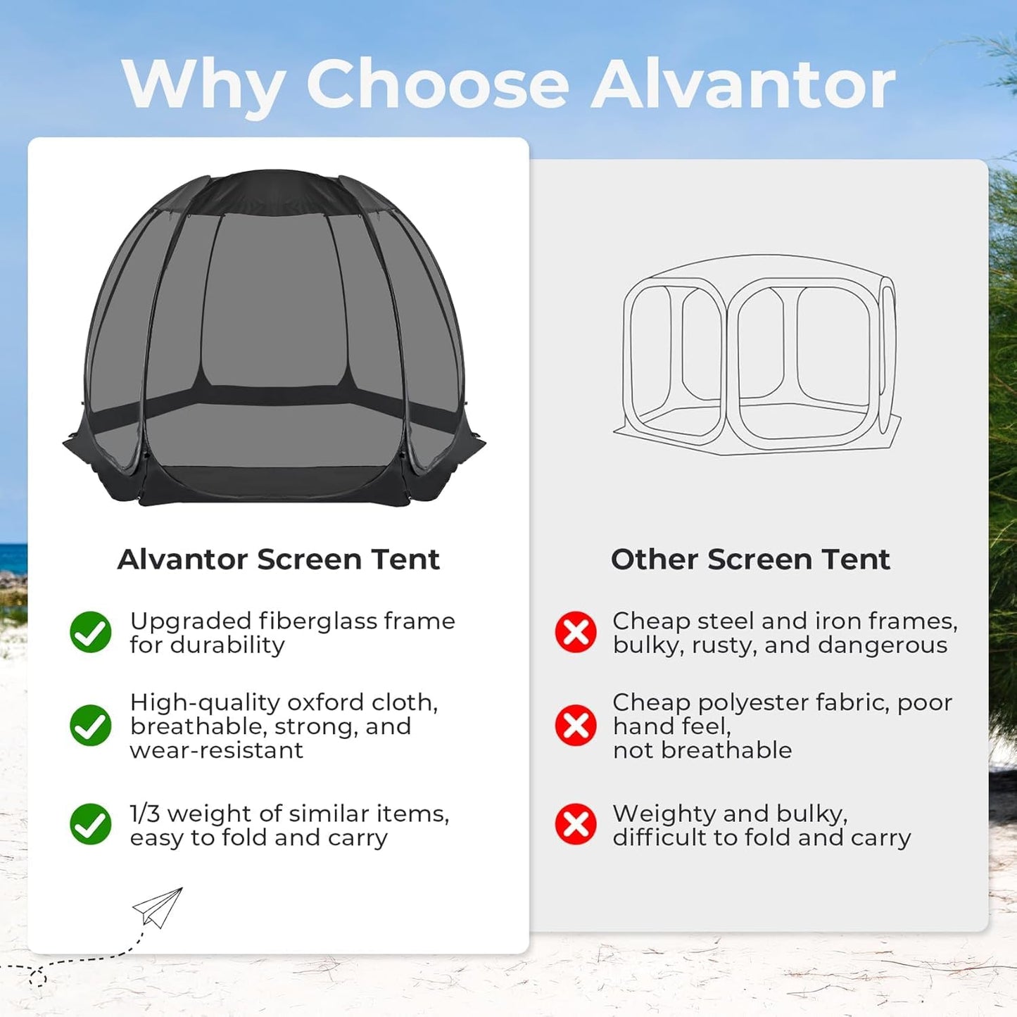 Alvantor Pop Up Screen House Tent, Instant Outdoor Gazebo with Mosquito Netting & UPF 50+ Sun Protection, Portable Canopy Shelter for Patio, Backyard, Camping (2-10 Person)