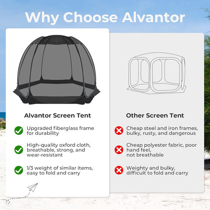 Alvantor Pop Up Screen House Tent, Instant Outdoor Gazebo with Mosquito Netting & UPF 50+ Sun Protection, Portable Canopy Shelter for Patio, Backyard, Camping (2-10 Person)