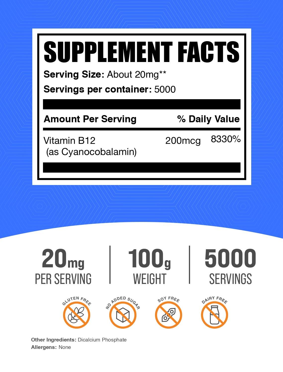 BulkSupplements.com Vitamin B12 Powder - as Cyanocobalamin, Vitamin B Supplement, Essential Vitamin - Gluten Free, 20mg per Serving, 5kg (11 lbs) (Pack of 5)
