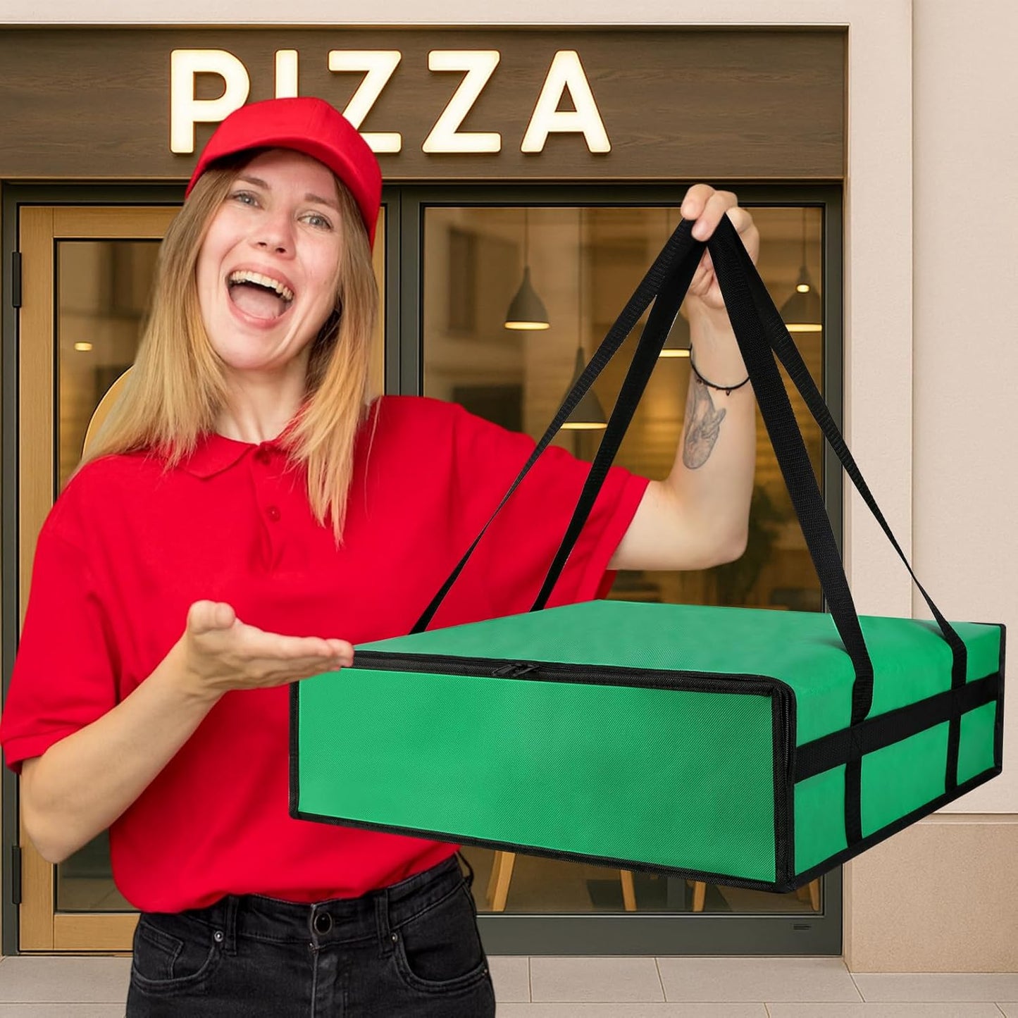 Bodaon Isolierte Essensliefertasche - Warm- & Kalthaltetransporttasche, Catering/Doordash Pizzawärmer, Einkaufstasche, Kühltasche für Partys (Schwarz-Rot, 1 St.), Ideal für den Transport warmer Speisen