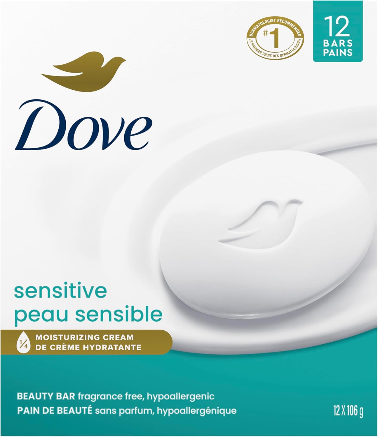 Dove Beauty Bar More Moisturizing Than Bar Soap for Softer Skin, Fragrance Free, Hypoallergenic Sensitive Skin With Gentle Cleanser 106 g 12 count