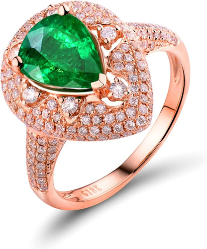 Aienid 18K Women 'S Wedding Band Rose Gold 1.67ct Pear Cut Emerald with 0.77ct Diamond Anniversary Ring for Womens