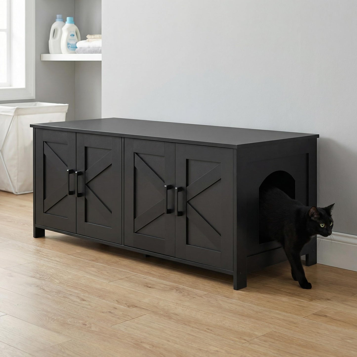 Homhedy Cat Litter Box Enclosure, Wooden Cat Washroom Furniture with Barn Door, Pet House, Fit Most of Litter Box, White