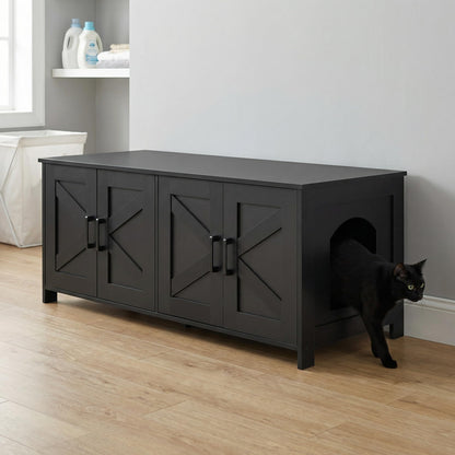 Homhedy Cat Litter Box Enclosure, Wooden Cat Washroom Furniture with Barn Door, Pet House, Fit Most of Litter Box, White