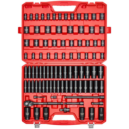 VEVOR 91-Piece 1/2" Drive Impact Socket Set, SAE (5/16" to 1-1/4") & Metric (8 to 32 mm), CR-V, Deep & Shallow, 6 Point, Ratchet Handle, Universal Joint, Adapters, Extension Bars (3, 5, 10 in)