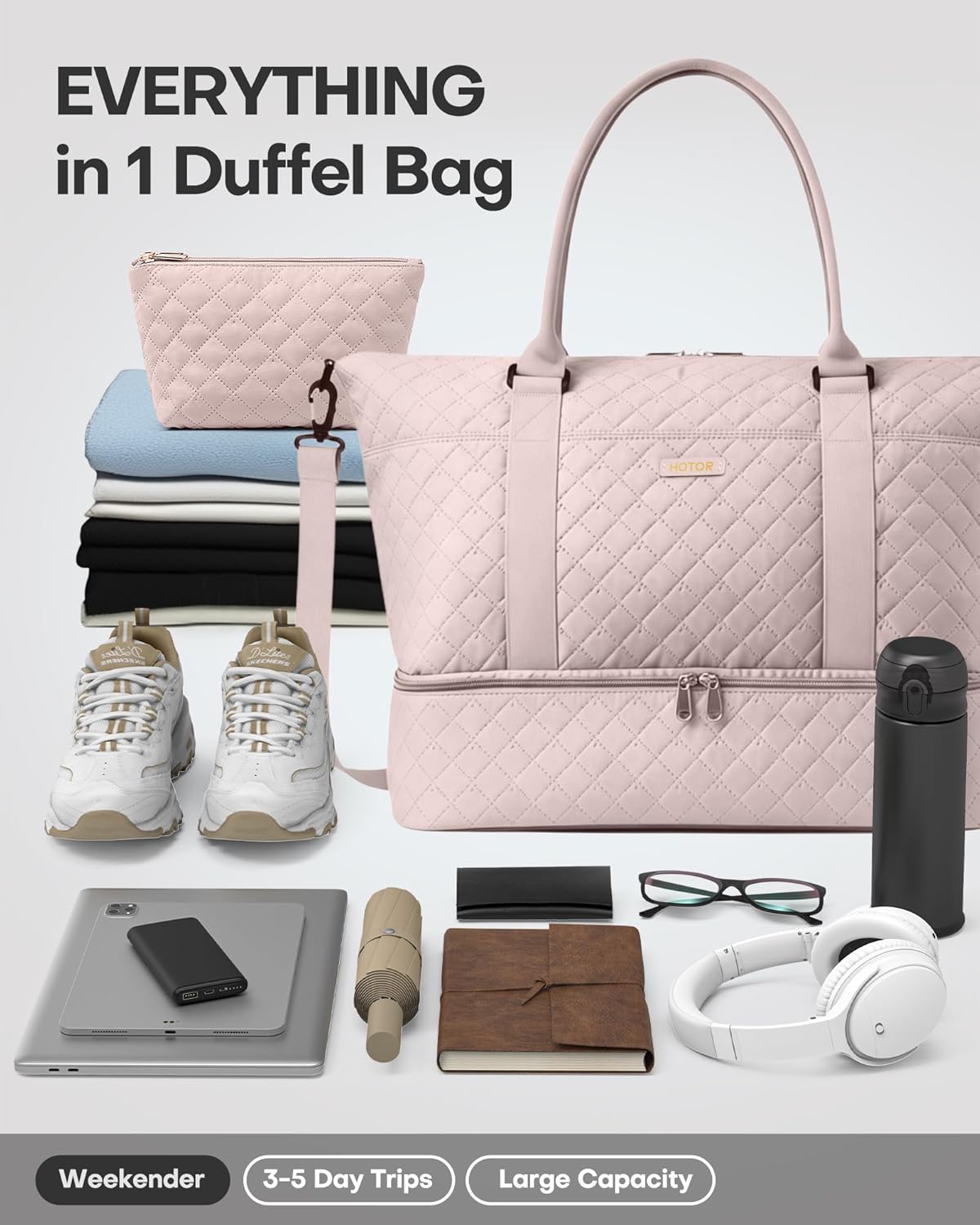 HOTOR Reisetasche - Große Weekender-Tasche für Frauen, Handgepäck mit Schuhfach, Übernachtungstasche mit Kulturtasche für Reiseutensilien und Reisezubehör, Schwarz, 34,0 x 45,0 x 20,0 cm