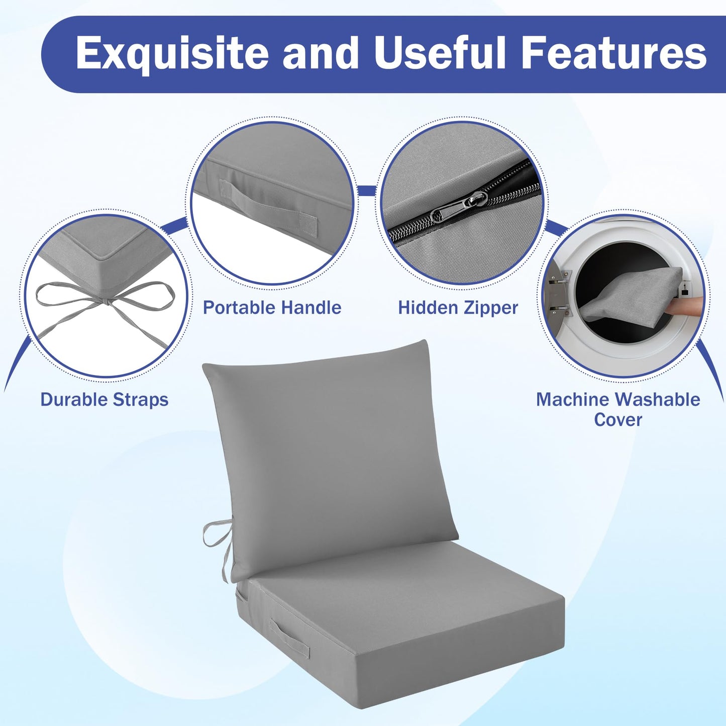 IASEAHK Outdoor Chair Cushions, 24 x 24 Inch Outdoor Cushion for Patio Furniture, Patio Chair Cushion, Waterproof & Fade Resistant Deep Patio Furniture Cushions Set with Handle and Ties, Navy Blue