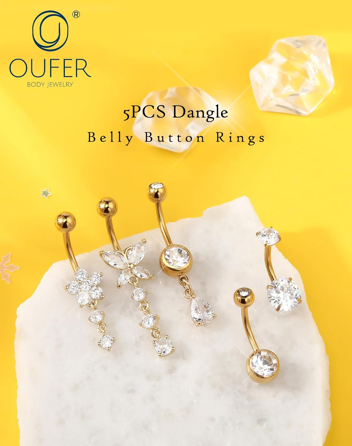 OUFER 5x Bauchnabelpiercings baumelnd – 14G Chirurgischer Stahl Bauchnabelpiercing, Hypoallergener Bauchnabelring mit Zirkonia Schmetterling Blume Tropfen Langhantel für Strand, Festival, Fitnessstudio