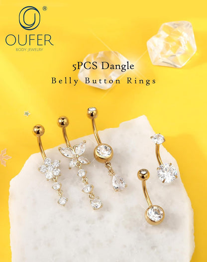 OUFER 5x Bauchnabelpiercings baumelnd – 14G Chirurgischer Stahl Bauchnabelpiercing, Hypoallergener Bauchnabelring mit Zirkonia Schmetterling Blume Tropfen Langhantel für Strand, Festival, Fitnessstudio