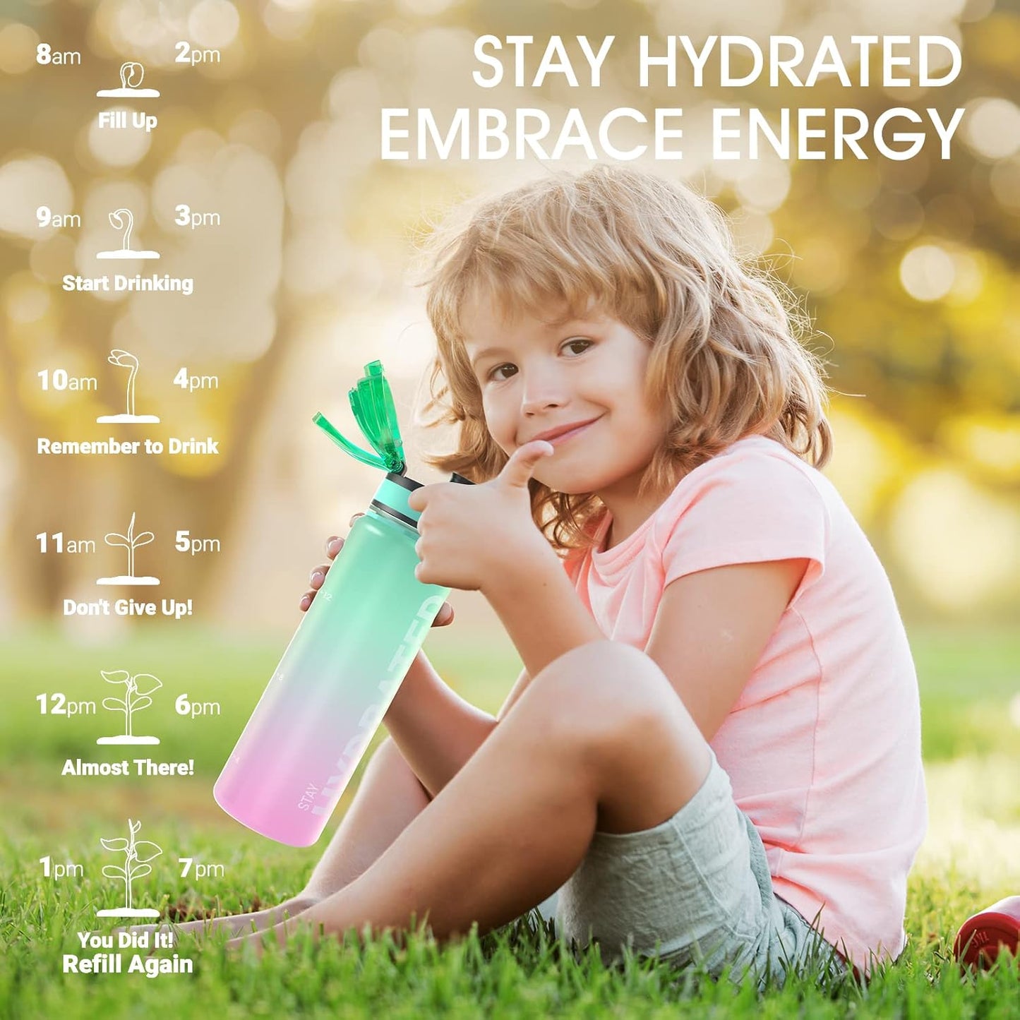 Sahara Sailor Trinkflasche, 950ml Motivations-Sportflasche mit Zeitmarkierung – Trinkzeiten – Tritan, BPA-frei, weite Öffnung auslaufsicher, Fast-Flow-Technologie mit Reinigungsbürste (1 Flasche)