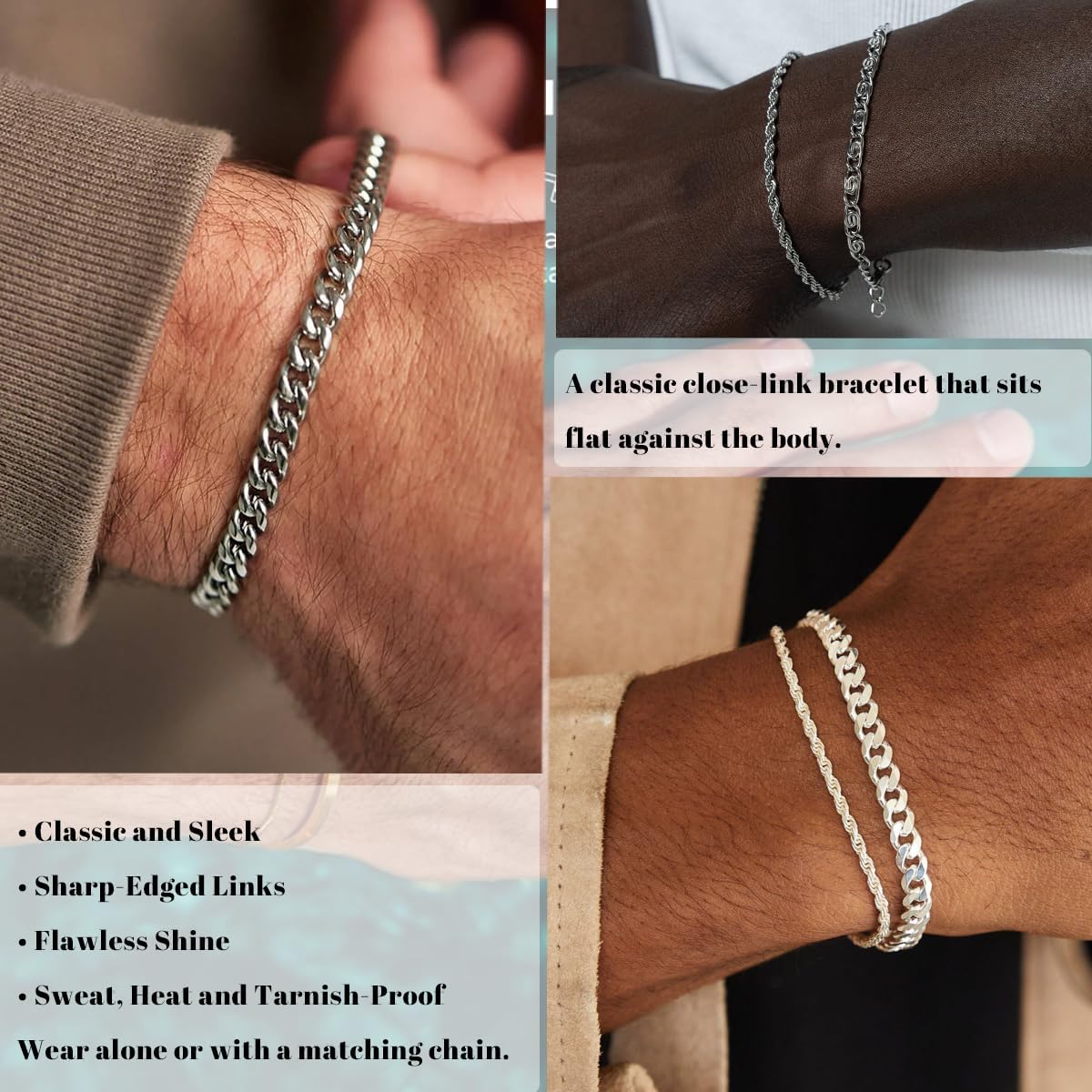 3 Stück Herren Silber Armbänder, robustes Curb Edelstahl Breite Schlangenkette Figaro Cuban Armband Set 7/7.8+1.2 Zoll verstellbares Stapel-Silberkettenarmband für Männer