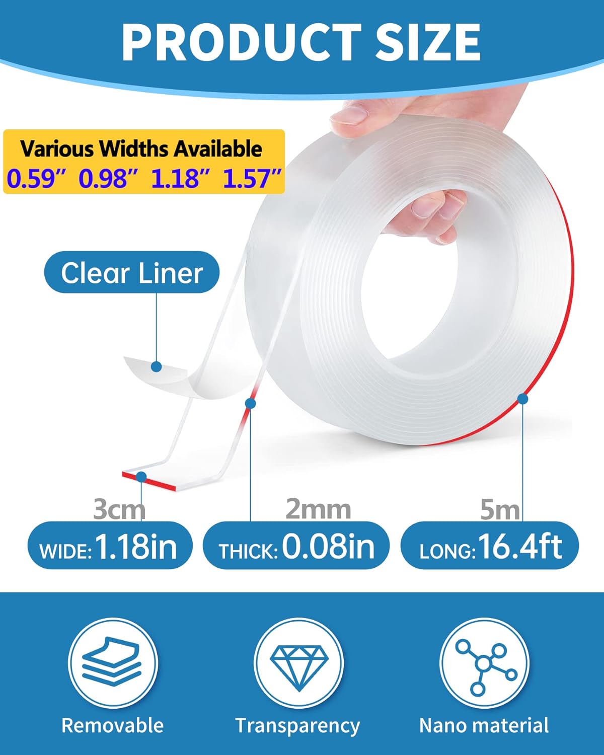 Teskyer Doppelseitiges Klebeband, Hochleistungsklebeband, Stark Haftendes Mehrzweck-Montageband, Abnehmbares und Wiederverwendbares Transparentes Klebeband (5m/Rolle, 1,5cm Breit)