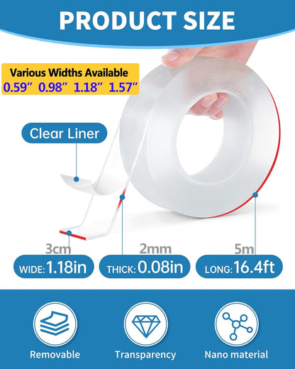 Teskyer Doppelseitiges Klebeband, Hochleistungsklebeband, Stark Haftendes Mehrzweck-Montageband, Abnehmbares und Wiederverwendbares Transparentes Klebeband (5m/Rolle, 1,5cm Breit)