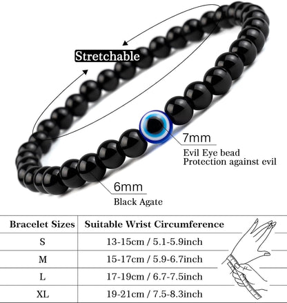 6 mm Böses Auge Armband aus schwarzen Kristallen – verstellbares Set aus Natursteinen für Herren und Damen, Schutzamulett als Geschenk für den Alltag/Geburtstag/Jahrestag