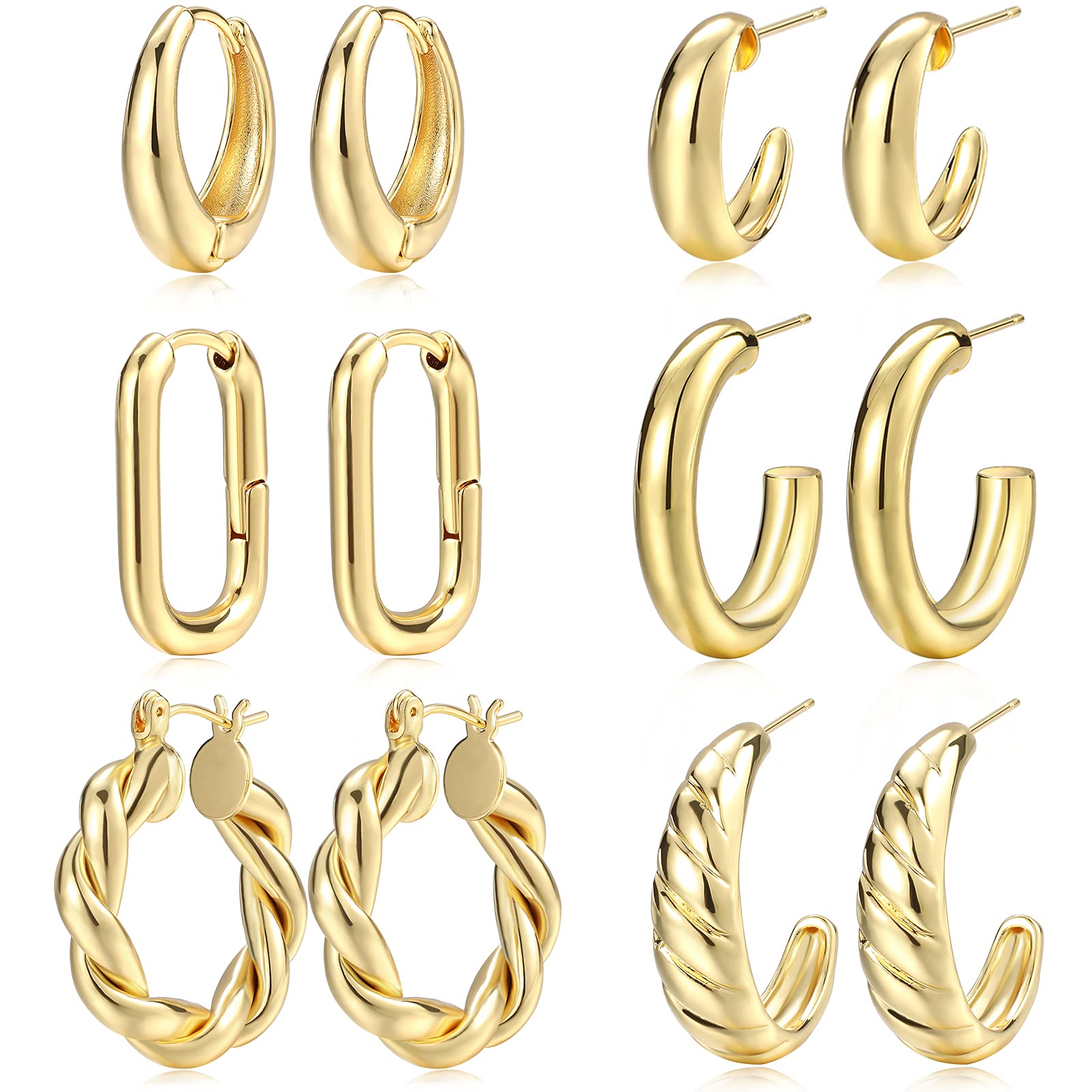 Hoop Earrings Set for Women, 6 Pairs 14K Gold Plated Lightweight Hypoallergenic Chunky Open Twisted Hoops Earrings Pack Jewelry