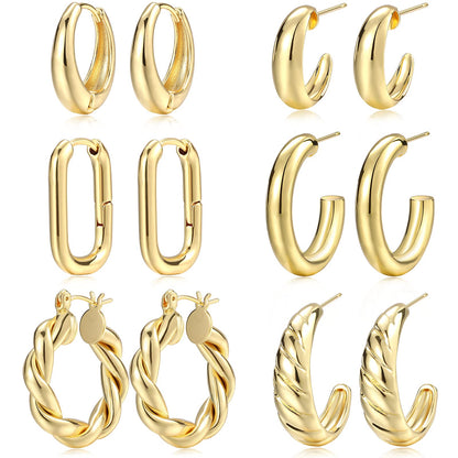 Hoop Earrings Set for Women, 6 Pairs 14K Gold Plated Lightweight Hypoallergenic Chunky Open Twisted Hoops Earrings Pack Jewelry