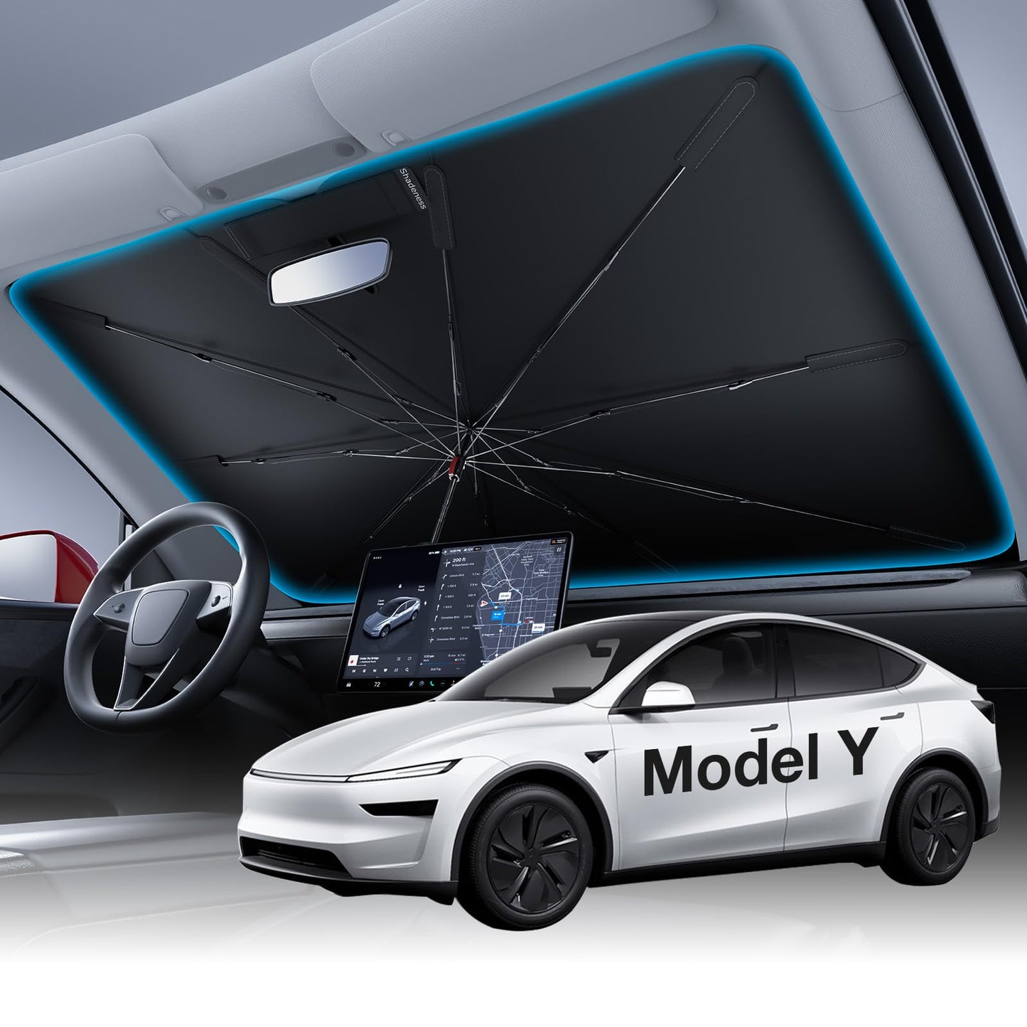 Wigoo Windshield Sun Shade Umbrella for Tesla Model Y [100% Sun Blockage, Ice Cooling Fabric] Foldable Heat Insulation Front Window Sunshade Umbrella for Tesla Model Y 2020–2026 (Juniper)
