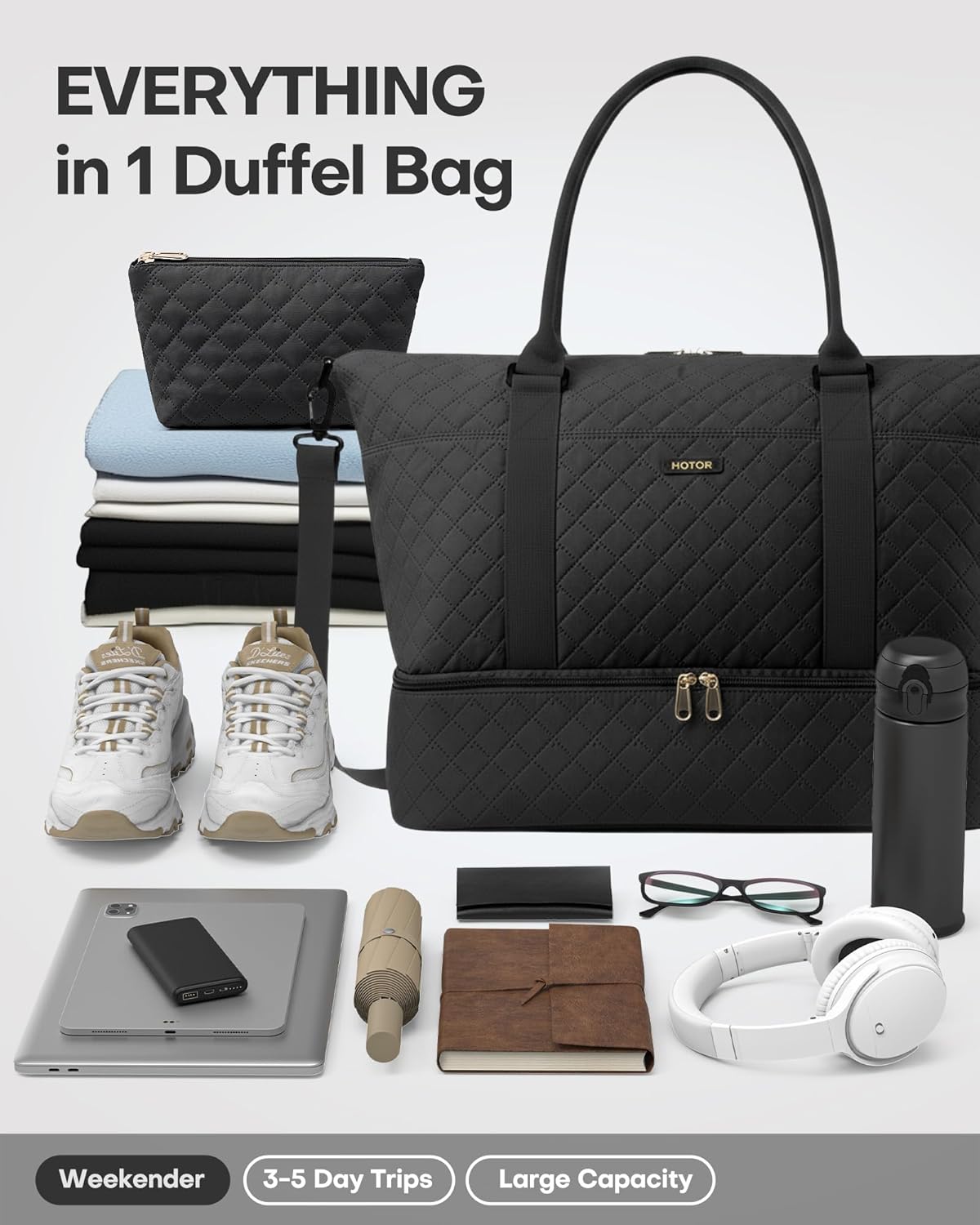 HOTOR Reisetasche - Große Weekender-Tasche für Frauen, Handgepäck mit Schuhfach, Übernachtungstasche mit Kulturtasche für Reiseutensilien und Reisezubehör, Schwarz, 34,0 x 45,0 x 20,0 cm